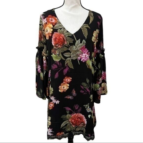Philosophy black floral print dress with lace trim and bell sleeves, size M - Picture 1 of 6
